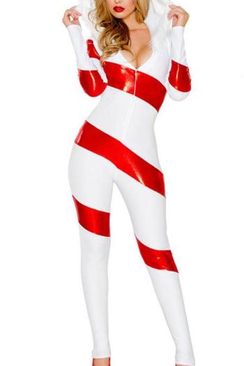 christmas sexy slight stretch stripe pu fuzzy hooded zip-up skinny costume