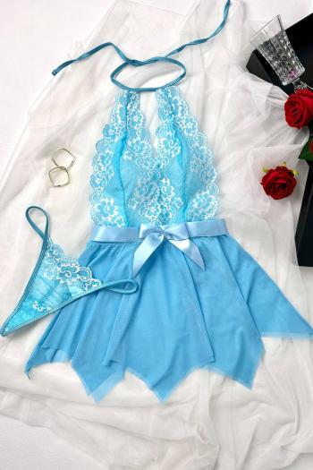 sexy slight stretch lace stitching bow halter-neck nightgown with g-string