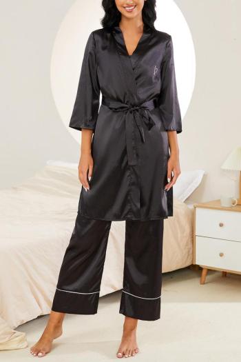 casual non-stretch simple solid color satin three piece sets sleepwear