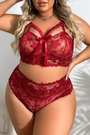 sexy plus size see through lace hollow bow bra & panty set(with underwire)