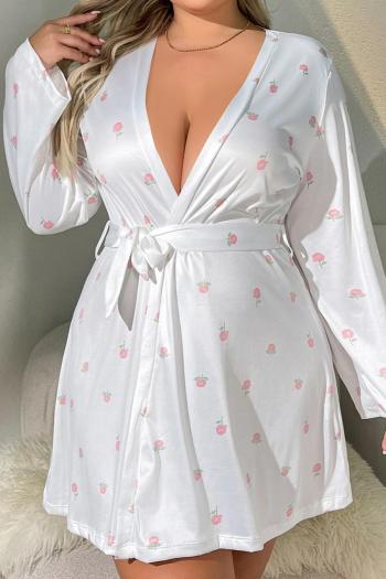 sexy plus size slight stretch floral printing long sleeve deep v belt nightgown