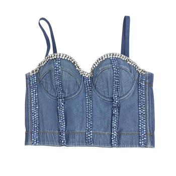 sexy non-stretch padded rhinestone sling tight crop denim bralette