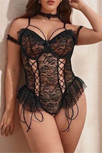 sexy plus size slight stretch lace lace-up teddy collections(with underwire)