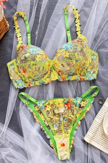 sexy slight stretch mesh floral embroidery underwire gathered bra & panty set