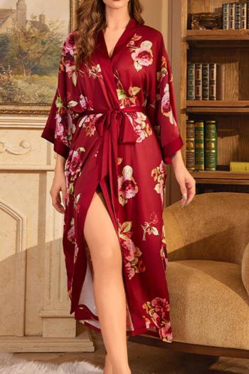 sexy non-stretch satin peony printing with belt nightgown sleepwear
