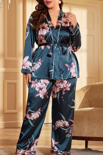 casual plus size non-stretch ice silk floral print belt pants pajamas set