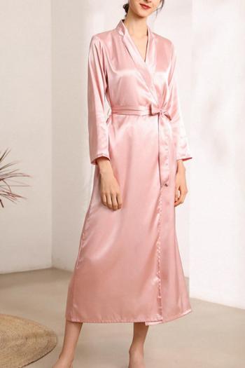 stylish plus size non-stretch emulation silk pure color with belt robe sleepwear