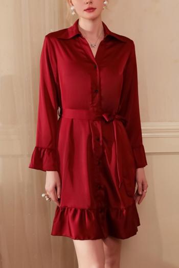 sexy non-stretch simulated silk solid color lapel with belt mini dress sleepwear