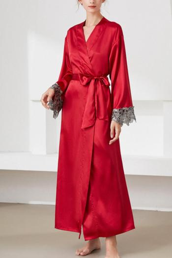 sexy non-stretch emulation silk 4 colors lace trim with belt robe sleepwear