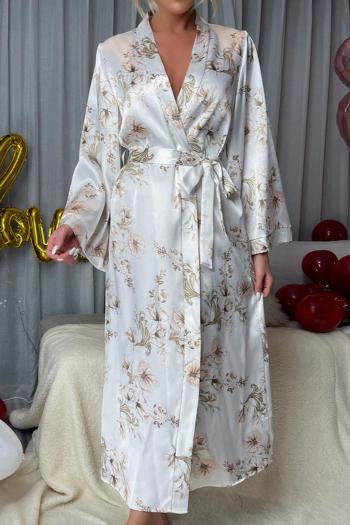 stylish non-stretch ice silk floral printing with belt bathrobe sleepwear