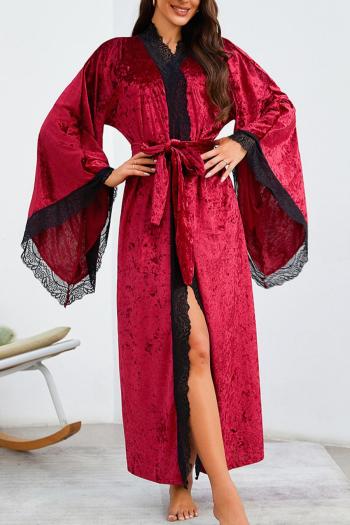 sexy slight stretch velvet lace stitching with belt bathrobe sleepwear