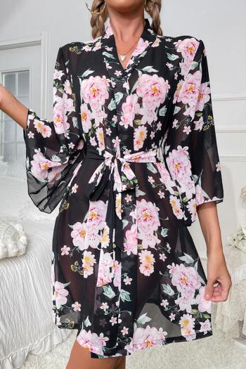 sexy non-stretch chiffon flower batch printing with belt nightgown sleepwear