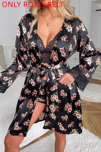 sexy non-stretch lace trim peach blossom print belt robe sleepwear(only robe)