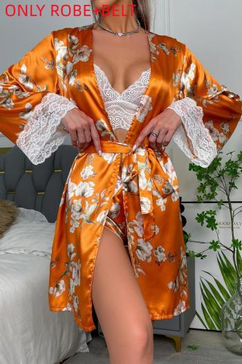 sexy non-stretch lace trim floral printing with belt robe sleepwear(only robe)