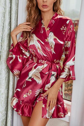 sexy non-stretch satin crane printing with belt sleepwear(only nightgown)