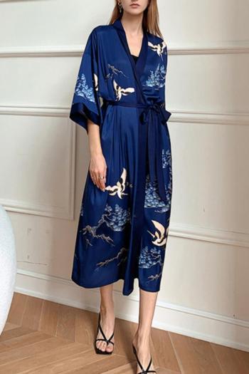 sexy non-stretch crane print belt imitation silk nightgown sleepwear