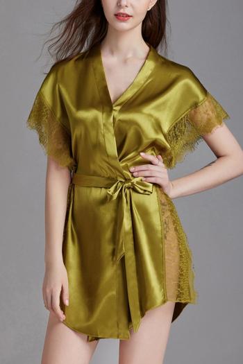 sexy non-stretch lace imitation silk patchwork belt nightgown sleepwear size run small