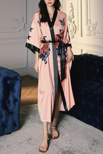 stylish non-stretch floral and bird printing with belt sleepwear