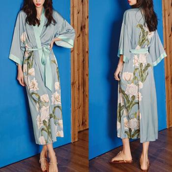 sexy non-stretch batch printing imitation silk belt nightgown sleepwear#5