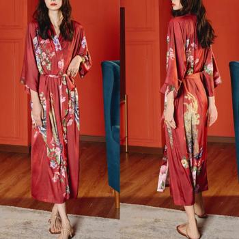 sexy non-stretch batch printing imitation silk belt nightgown sleepwear#6
