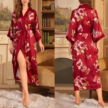 sexy non-stretch batch printing imitation silk belt nightgown sleepwear#12