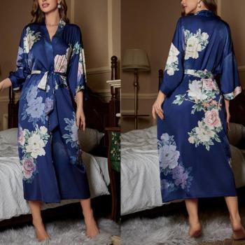 sexy non-stretch batch printing imitation silk belt nightgown sleepwear#13