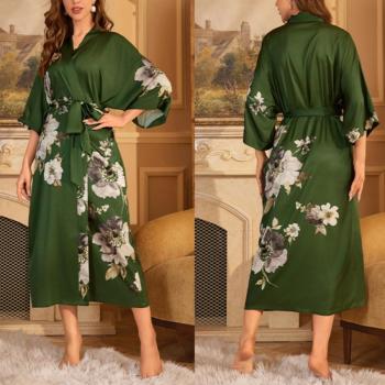 sexy non-stretch batch printing imitation silk belt nightgown sleepwear#14