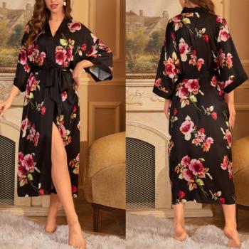 sexy non-stretch batch printing imitation silk belt nightgown sleepwear#15