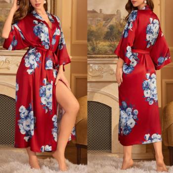 sexy non-stretch batch printing imitation silk belt nightgown sleepwear#16
