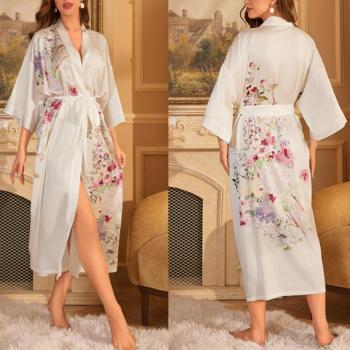 sexy non-stretch batch printing imitation silk belt nightgown sleepwear#17