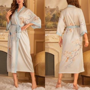 sexy non-stretch batch printing imitation silk belt nightgown sleepwear#18