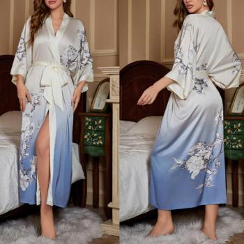 sexy non-stretch batch printing imitation silk belt nightgown sleepwear#19