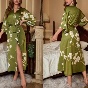 sexy non-stretch batch printing imitation silk belt nightgown sleepwear#20