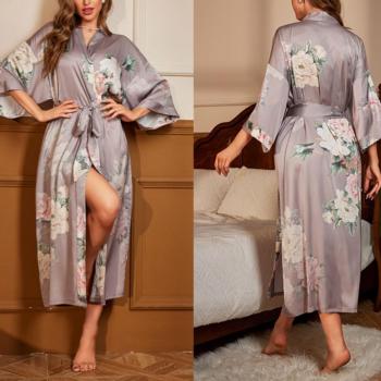 sexy non-stretch batch printing imitation silk belt nightgown sleepwear#21