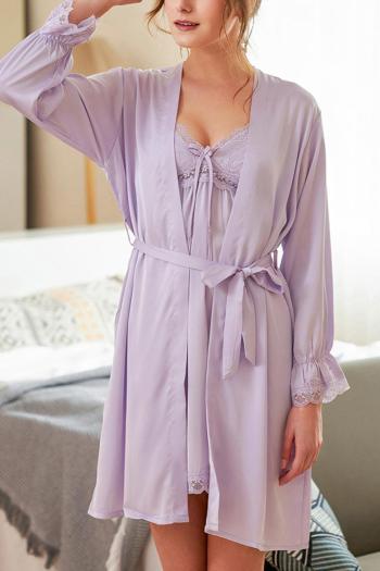 non-stretch simulated silk lace trim with belt two-piece set padded sleepwear