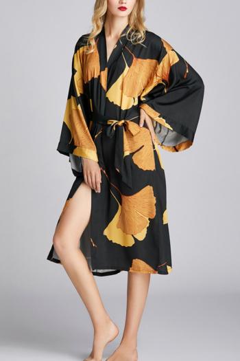 stylish non-stretch emulation silk leaf printing with belt loose sleepwear