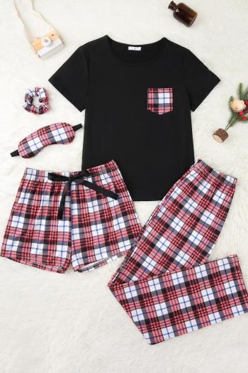 casual non-stretch plaid printed three-piece sets(with hair rope&eye mask)