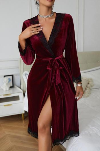 sexy non-stretch velvet lace belt robe sleepwear