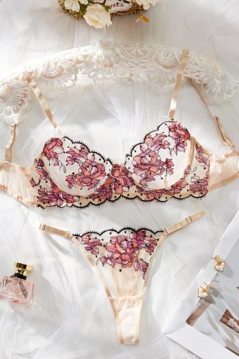 sexy slight stretch mesh two colors floral embroidery underwire bra & panty set