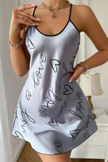 sexy non-stretch heart print sling backless imitation silk mini dress sleepwear