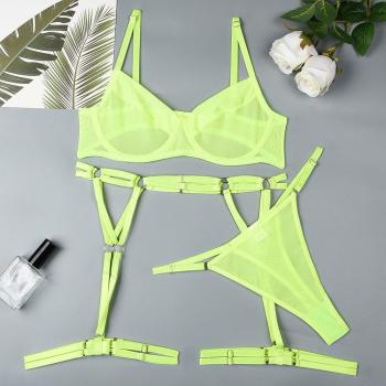 Sexy slight stretch see through mesh underwire three-piece set with leg rings