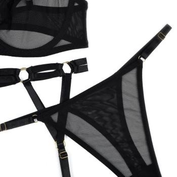 Sexy slight stretch see through mesh underwire three-piece set with leg rings
