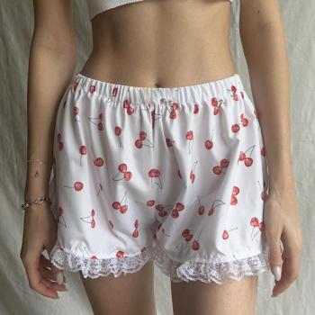 casual non-stretch lace patchwork cherry print shorts loungewear