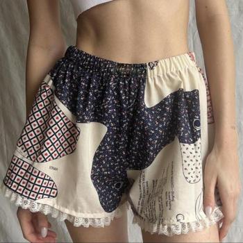 casual non-stretch lace patchwork contrast color print shorts loungewear