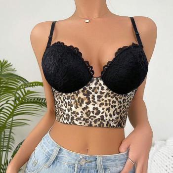sexy slight stretch leopard printing stitching lace with underwire padded bras