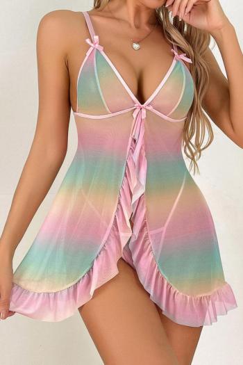 sexy slight stretch gradient color tie dye bow sling babydoll with thong
