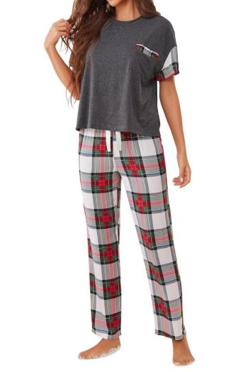 casual slight stretch patchwork plaid printed loose trousers set loungewear