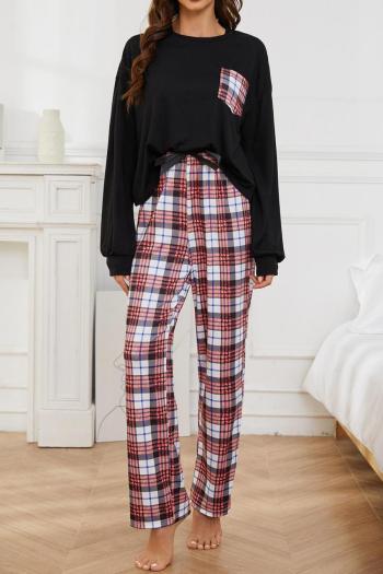 casual slight stretch long-sleeved plaid printed pants set loungewear