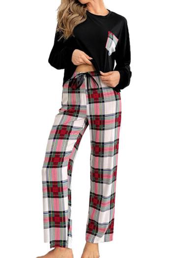casual slight stretch long-sleeved loose plaid printed pants set loungewear