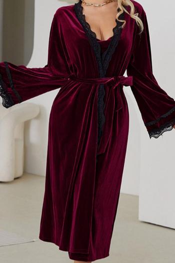 sexy slight stretch lace velvet patchwork belt robe sleepwear(only robe)